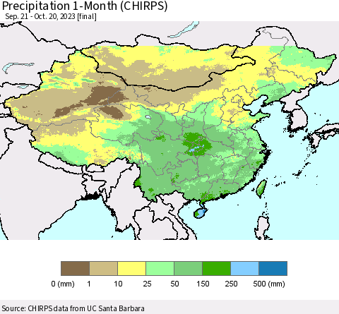 China, Mongolia and Taiwan Precipitation 1-Month (CHIRPS) Thematic Map For 9/21/2023 - 10/20/2023