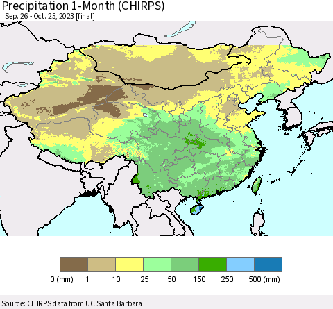 China, Mongolia and Taiwan Precipitation 1-Month (CHIRPS) Thematic Map For 9/26/2023 - 10/25/2023