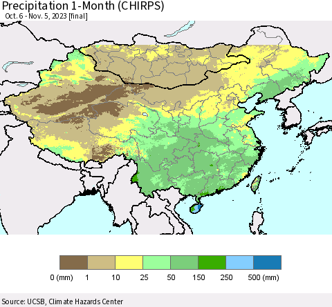 China, Mongolia and Taiwan Precipitation 1-Month (CHIRPS) Thematic Map For 10/6/2023 - 11/5/2023