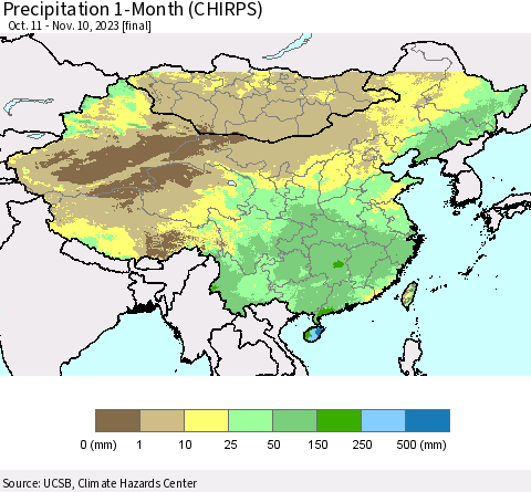 China, Mongolia and Taiwan Precipitation 1-Month (CHIRPS) Thematic Map For 10/11/2023 - 11/10/2023