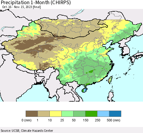 China, Mongolia and Taiwan Precipitation 1-Month (CHIRPS) Thematic Map For 10/16/2023 - 11/15/2023