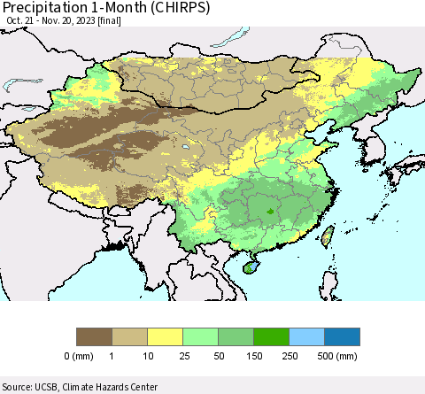 China, Mongolia and Taiwan Precipitation 1-Month (CHIRPS) Thematic Map For 10/21/2023 - 11/20/2023