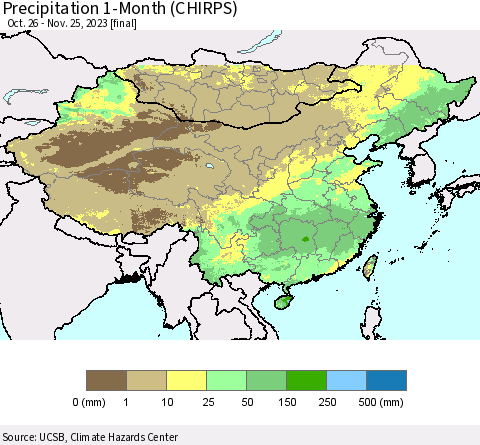 China, Mongolia and Taiwan Precipitation 1-Month (CHIRPS) Thematic Map For 10/26/2023 - 11/25/2023