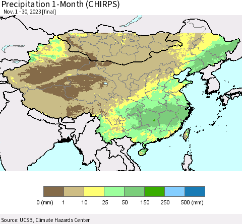 China, Mongolia and Taiwan Precipitation 1-Month (CHIRPS) Thematic Map For 11/1/2023 - 11/30/2023