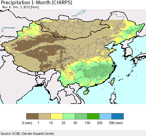 China, Mongolia and Taiwan Precipitation 1-Month (CHIRPS) Thematic Map For 11/6/2023 - 12/5/2023