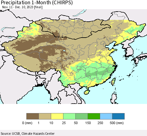 China, Mongolia and Taiwan Precipitation 1-Month (CHIRPS) Thematic Map For 11/11/2023 - 12/10/2023