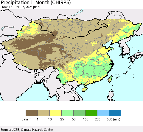 China, Mongolia and Taiwan Precipitation 1-Month (CHIRPS) Thematic Map For 11/16/2023 - 12/15/2023