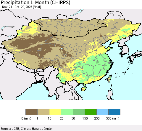 China, Mongolia and Taiwan Precipitation 1-Month (CHIRPS) Thematic Map For 11/21/2023 - 12/20/2023