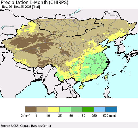 China, Mongolia and Taiwan Precipitation 1-Month (CHIRPS) Thematic Map For 11/26/2023 - 12/25/2023