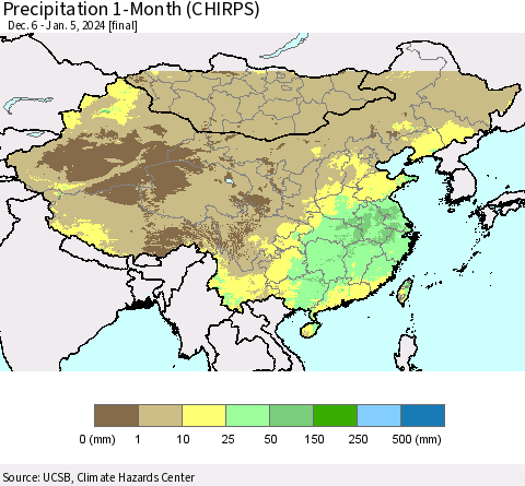 China, Mongolia and Taiwan Precipitation 1-Month (CHIRPS) Thematic Map For 12/6/2023 - 1/5/2024