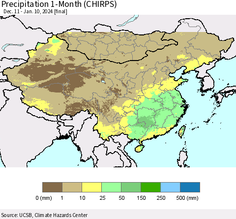 China, Mongolia and Taiwan Precipitation 1-Month (CHIRPS) Thematic Map For 12/11/2023 - 1/10/2024