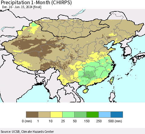 China, Mongolia and Taiwan Precipitation 1-Month (CHIRPS) Thematic Map For 12/16/2023 - 1/15/2024