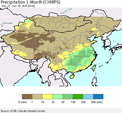 China, Mongolia and Taiwan Precipitation 1-Month (CHIRPS) Thematic Map For 12/21/2023 - 1/20/2024