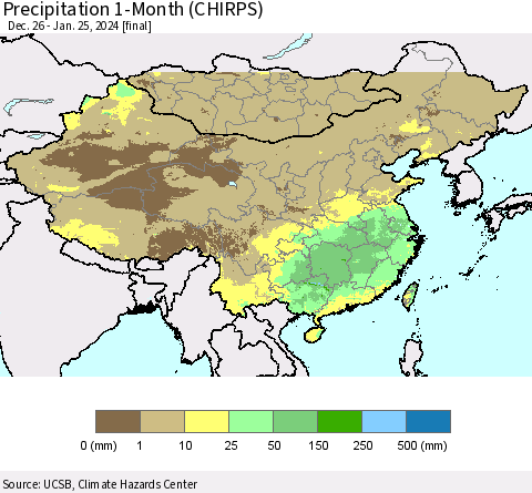 China, Mongolia and Taiwan Precipitation 1-Month (CHIRPS) Thematic Map For 12/26/2023 - 1/25/2024