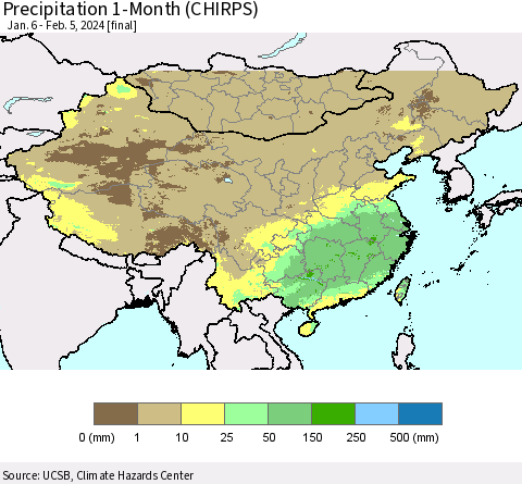 China, Mongolia and Taiwan Precipitation 1-Month (CHIRPS) Thematic Map For 1/6/2024 - 2/5/2024