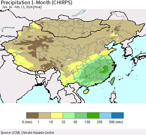 China, Mongolia and Taiwan Precipitation 1-Month (CHIRPS) Thematic Map For 1/16/2024 - 2/15/2024