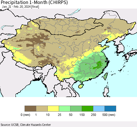 China, Mongolia and Taiwan Precipitation 1-Month (CHIRPS) Thematic Map For 1/21/2024 - 2/20/2024