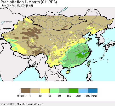 China, Mongolia and Taiwan Precipitation 1-Month (CHIRPS) Thematic Map For 1/26/2024 - 2/25/2024