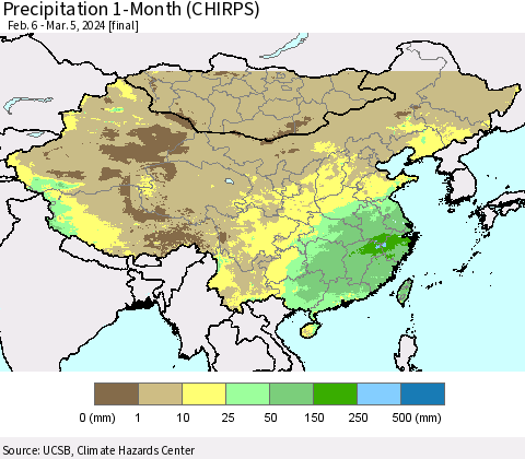 China, Mongolia and Taiwan Precipitation 1-Month (CHIRPS) Thematic Map For 2/6/2024 - 3/5/2024