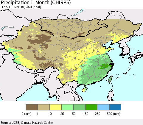 China, Mongolia and Taiwan Precipitation 1-Month (CHIRPS) Thematic Map For 2/11/2024 - 3/10/2024