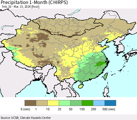 China, Mongolia and Taiwan Precipitation 1-Month (CHIRPS) Thematic Map For 2/16/2024 - 3/15/2024