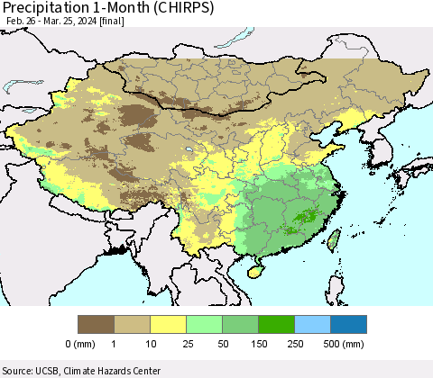 China, Mongolia and Taiwan Precipitation 1-Month (CHIRPS) Thematic Map For 2/26/2024 - 3/25/2024