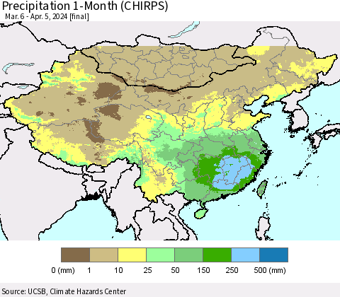 China, Mongolia and Taiwan Precipitation 1-Month (CHIRPS) Thematic Map For 3/6/2024 - 4/5/2024