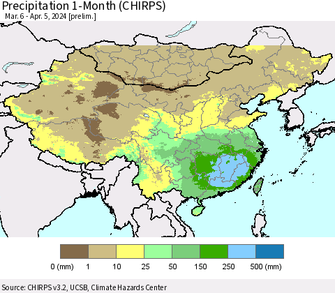 China, Mongolia and Taiwan Precipitation 1-Month (CHIRPS) Thematic Map For 3/6/2024 - 4/5/2024