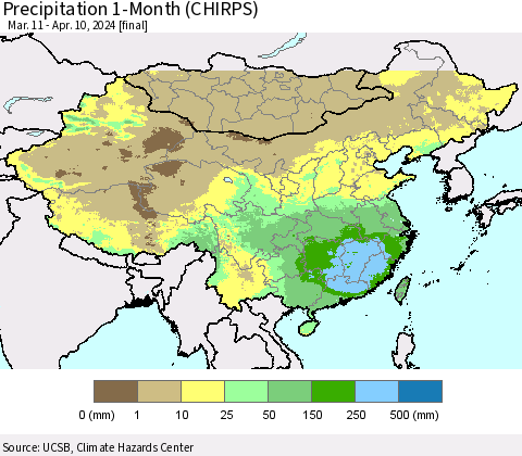 China, Mongolia and Taiwan Precipitation 1-Month (CHIRPS) Thematic Map For 3/11/2024 - 4/10/2024