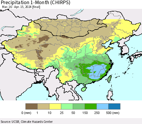 China, Mongolia and Taiwan Precipitation 1-Month (CHIRPS) Thematic Map For 3/16/2024 - 4/15/2024