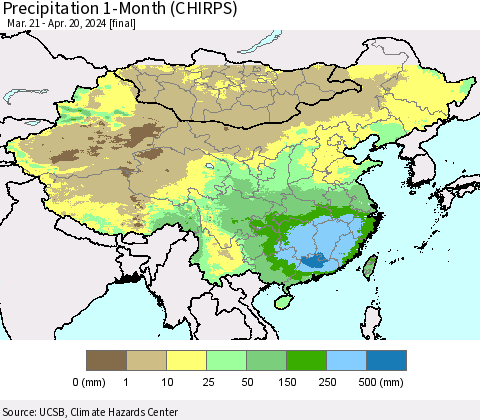 China, Mongolia and Taiwan Precipitation 1-Month (CHIRPS) Thematic Map For 3/21/2024 - 4/20/2024