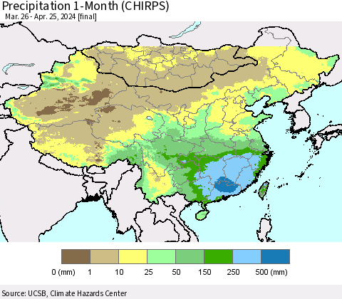 China, Mongolia and Taiwan Precipitation 1-Month (CHIRPS) Thematic Map For 3/26/2024 - 4/25/2024