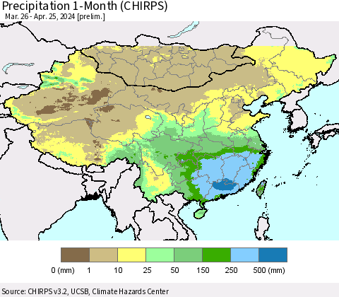China, Mongolia and Taiwan Precipitation 1-Month (CHIRPS) Thematic Map For 3/26/2024 - 4/25/2024
