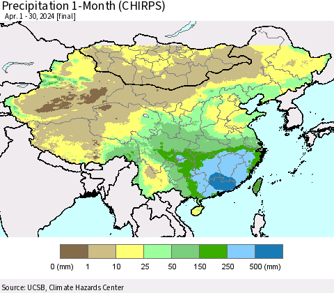 China, Mongolia and Taiwan Precipitation 1-Month (CHIRPS) Thematic Map For 4/1/2024 - 4/30/2024
