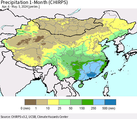 China, Mongolia and Taiwan Precipitation 1-Month (CHIRPS) Thematic Map For 4/6/2024 - 5/5/2024