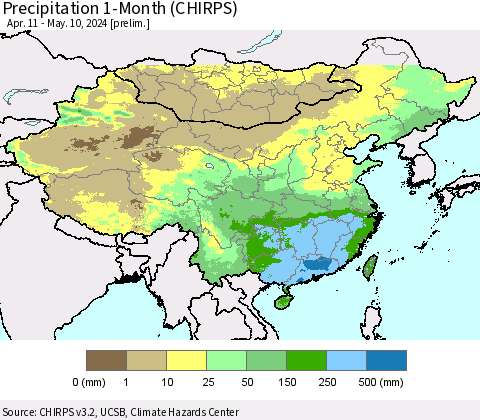 China, Mongolia and Taiwan Precipitation 1-Month (CHIRPS) Thematic Map For 4/11/2024 - 5/10/2024