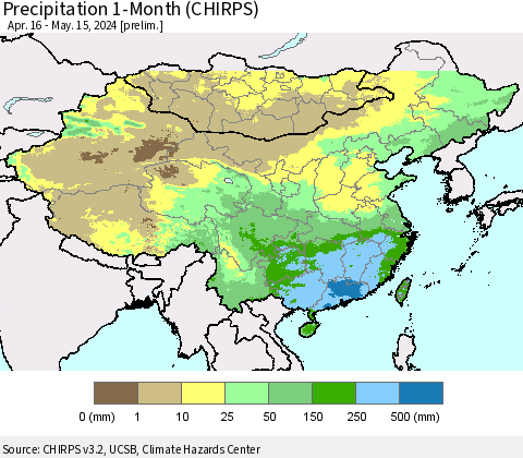 China, Mongolia and Taiwan Precipitation 1-Month (CHIRPS) Thematic Map For 4/16/2024 - 5/15/2024