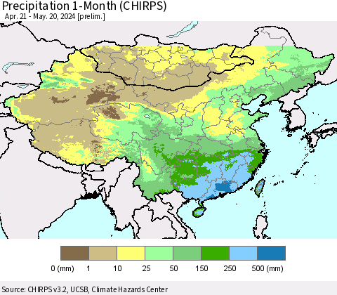 China, Mongolia and Taiwan Precipitation 1-Month (CHIRPS) Thematic Map For 4/21/2024 - 5/20/2024