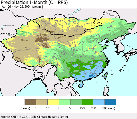 China, Mongolia and Taiwan Precipitation 1-Month (CHIRPS) Thematic Map For 4/26/2024 - 5/25/2024