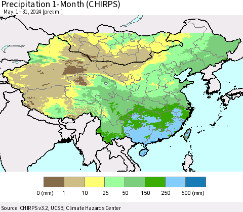 China, Mongolia and Taiwan Precipitation 1-Month (CHIRPS) Thematic Map For 5/1/2024 - 5/31/2024
