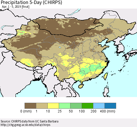 China, Mongolia and Taiwan Precipitation 5-Day (CHIRPS) Thematic Map For 4/1/2019 - 4/5/2019