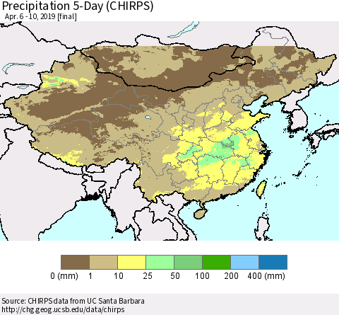 China, Mongolia and Taiwan Precipitation 5-Day (CHIRPS) Thematic Map For 4/6/2019 - 4/10/2019