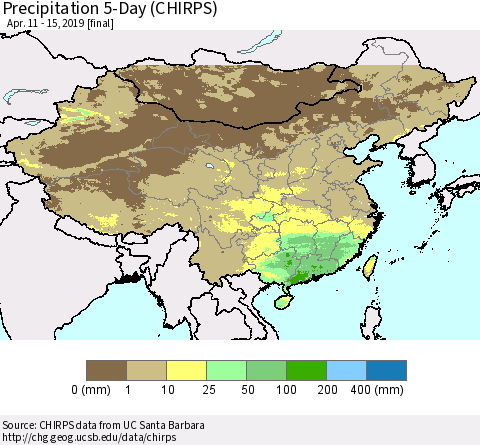 China and Taiwan Precipitation 5-Day (CHIRPS) Thematic Map For 4/11/2019 - 4/15/2019