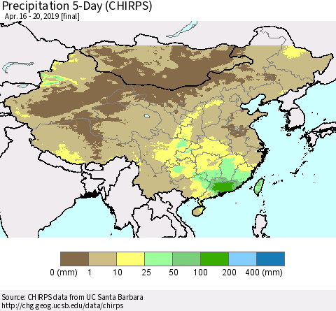 China and Taiwan Precipitation 5-Day (CHIRPS) Thematic Map For 4/16/2019 - 4/20/2019