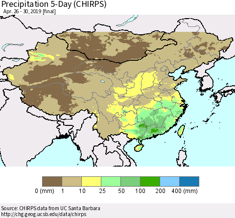 China and Taiwan Precipitation 5-Day (CHIRPS) Thematic Map For 4/26/2019 - 4/30/2019