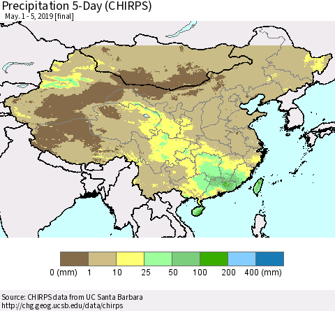 China, Mongolia and Taiwan Precipitation 5-Day (CHIRPS) Thematic Map For 5/1/2019 - 5/5/2019