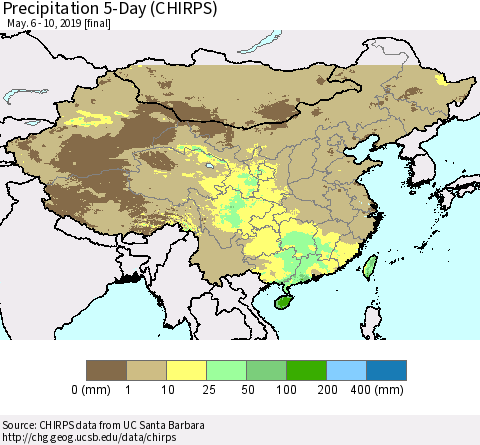 China and Taiwan Precipitation 5-Day (CHIRPS) Thematic Map For 5/6/2019 - 5/10/2019