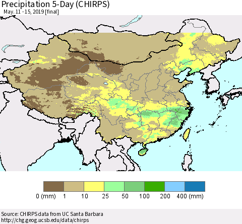 China, Mongolia and Taiwan Precipitation 5-Day (CHIRPS) Thematic Map For 5/11/2019 - 5/15/2019