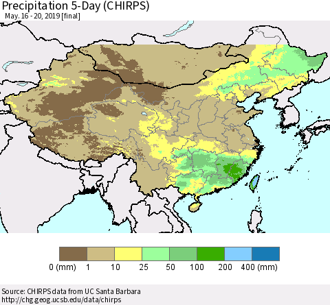 China and Taiwan Precipitation 5-Day (CHIRPS) Thematic Map For 5/16/2019 - 5/20/2019