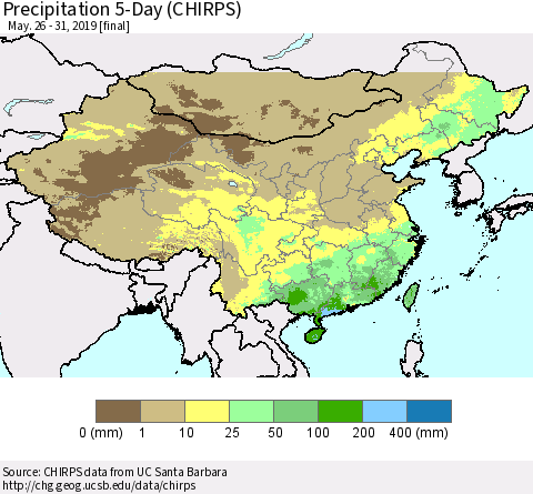 China, Mongolia and Taiwan Precipitation 5-Day (CHIRPS) Thematic Map For 5/26/2019 - 5/31/2019